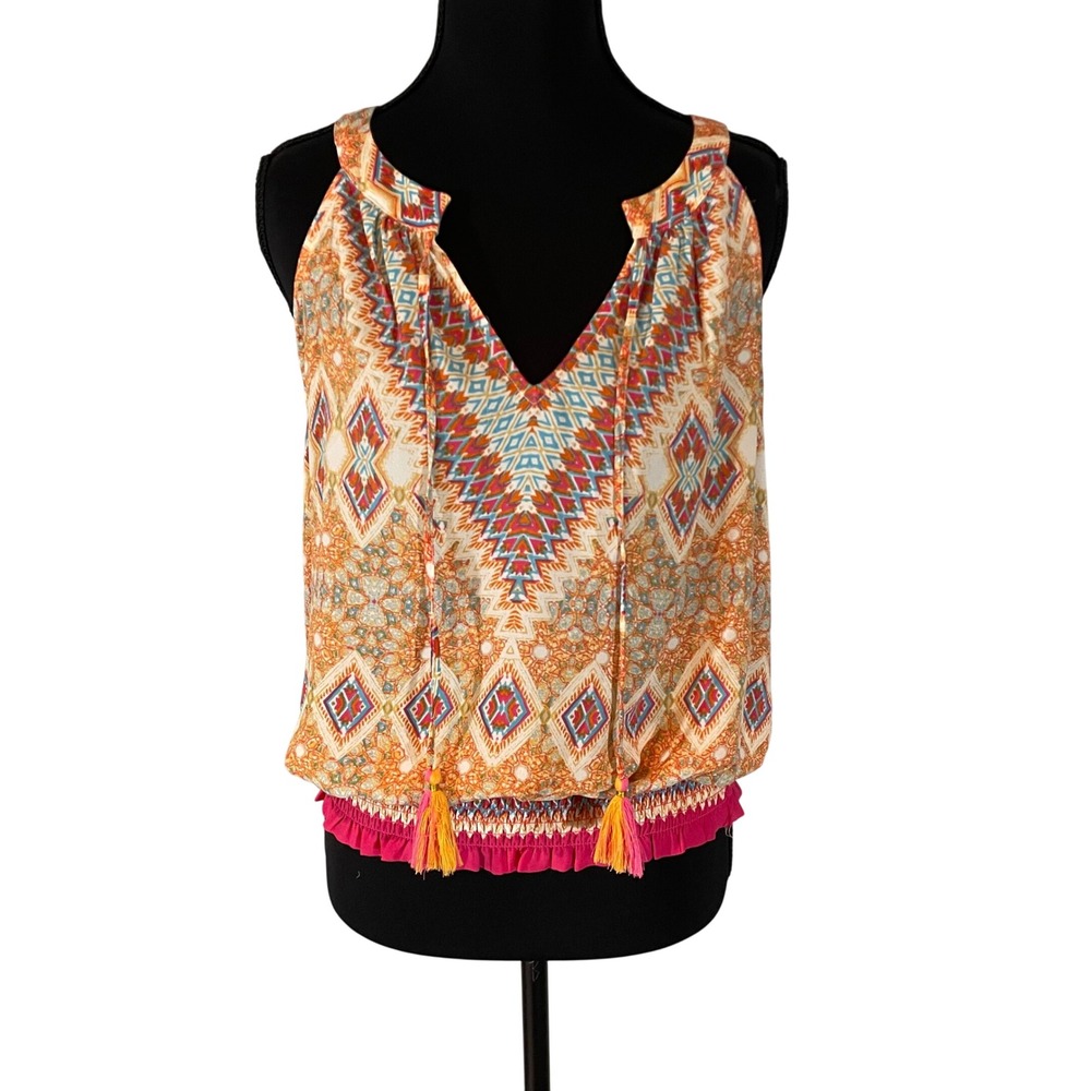 Rose + Olive Women Orange Geometric Diamond Print Smocked Peplum Tank Top M Boho